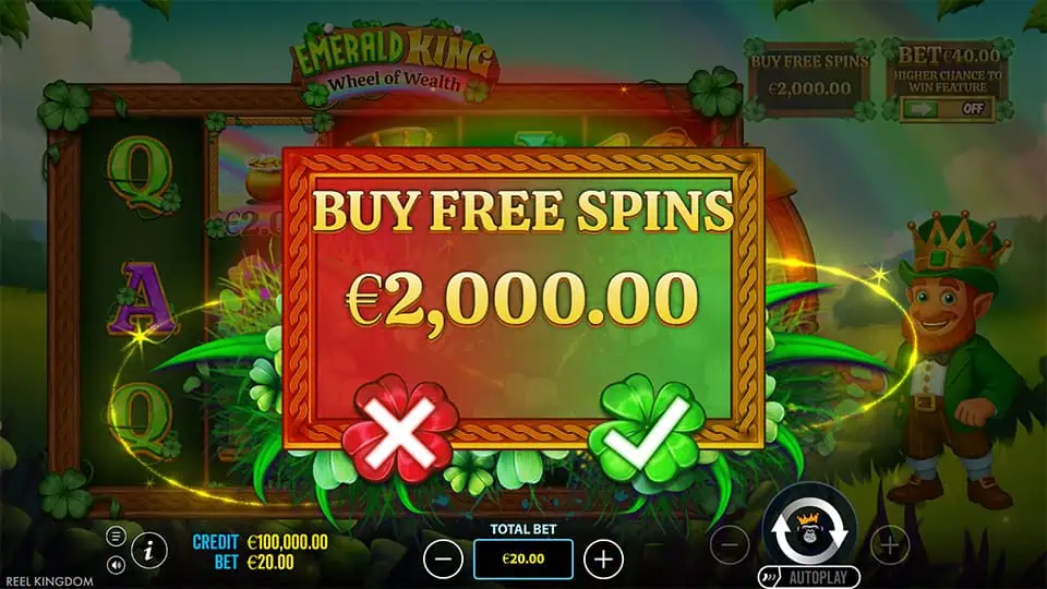 Buy Free Spins window displayed with confirm/decline buttons, overlaying the reels and vibrant green slot interface.