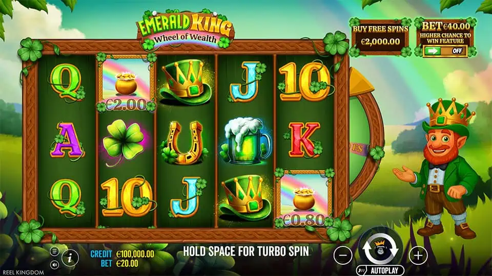 Bright game screen with five reels, colorful symbols like lucky hats, beers, gold pots, and a leprechaun character standing beside the slot interface.