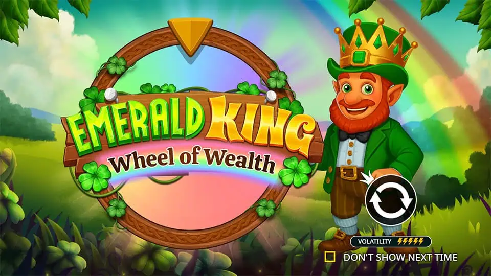 Emerald King: Wheel of Wealth logo on a spinning wheel, with a smiling leprechaun standing beside it and a volatility meter at the bottom.