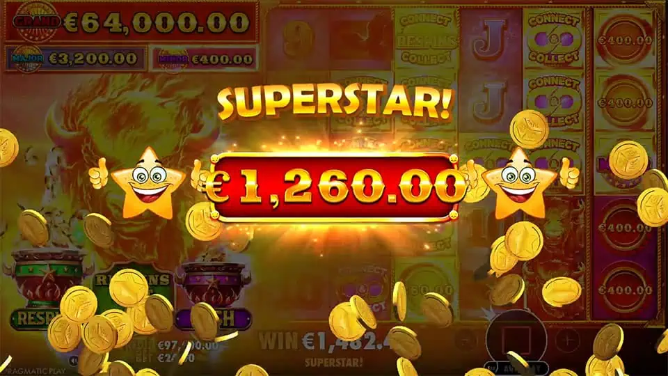 Superstar! win screen in Fire Stampede Ultimate slot with golden coins, smiling star characters, and a glowing red win panel.
