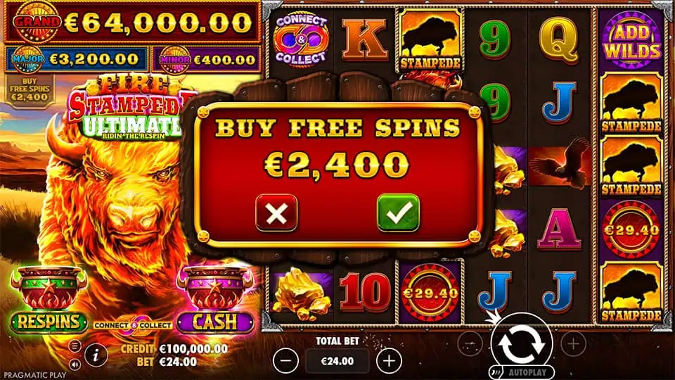 Buy Free Spins popup in Fire Stampede Ultimate slot offering direct access to bonus rounds with a large red and yellow purchase panel.