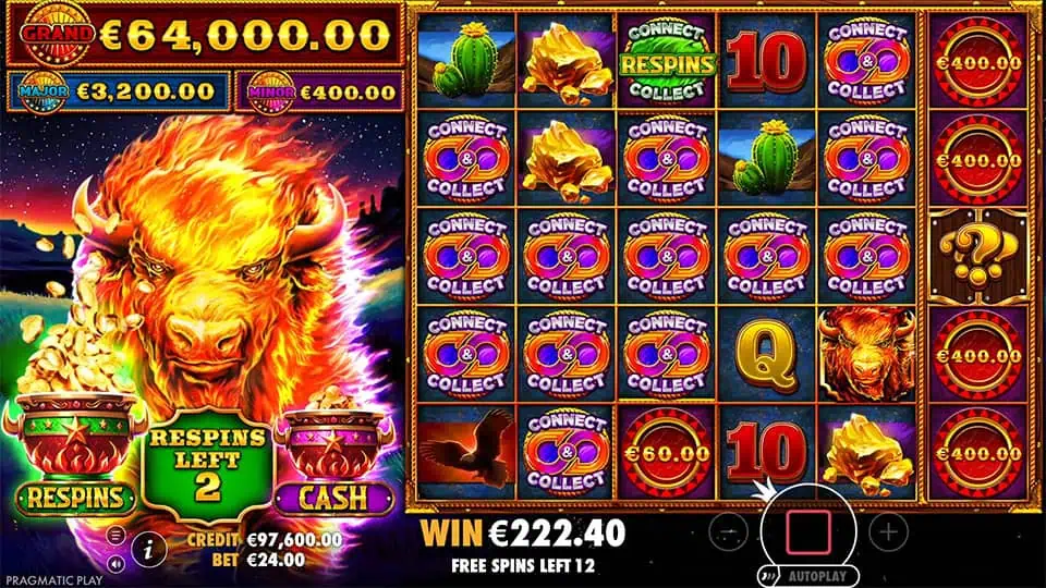 Fire Stampede Ultimate slot showing active Connect & Collect feature with bonus symbols linked across the grid and respins in play.