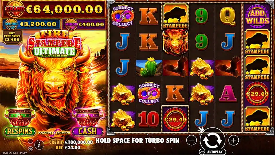 Base gameplay screen of Fire Stampede Ultimate slot with classic card symbols, wild animals, and the Connect & Collect feature visible.