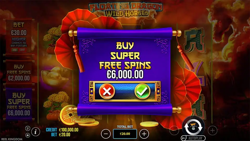 Purchase confirmation screen in Floating Dragon Wild Horses slot for Super Free Spins feature, displayed on a scroll with red fans and gold coins.