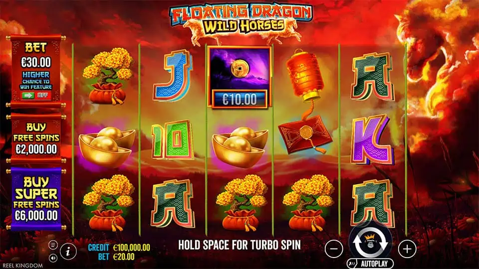Base gameplay screen of Floating Dragon Wild Horses slot showing classic Asian-themed symbols with a fiery dragon horse backdrop.