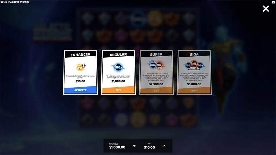 Bonus buy menu in Galactic Warrior offering Enhancer, Regular, Super, and Giga modes with increasing volatility.