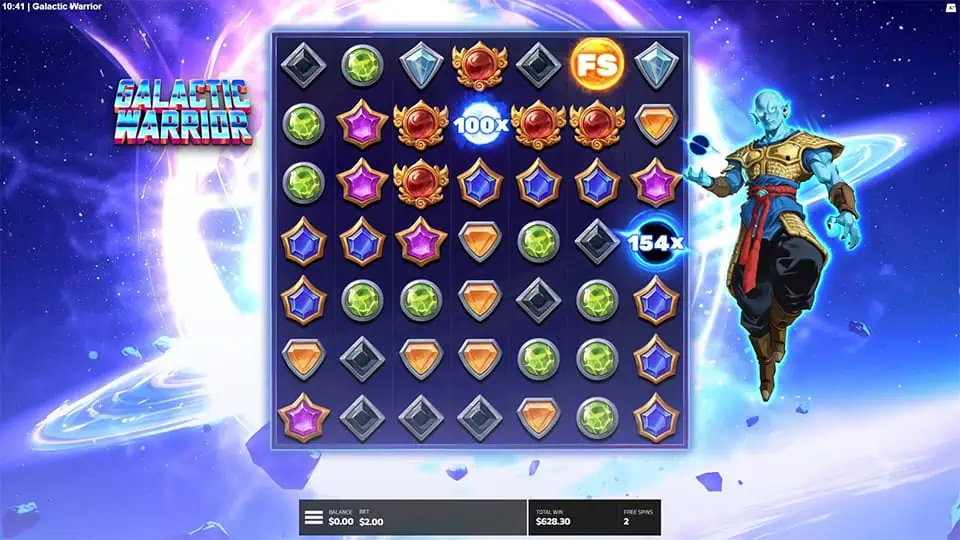Free spins gameplay in Galactic Warrior with floating orbs showing multipliers like 100x, 154x, and FS symbols.
