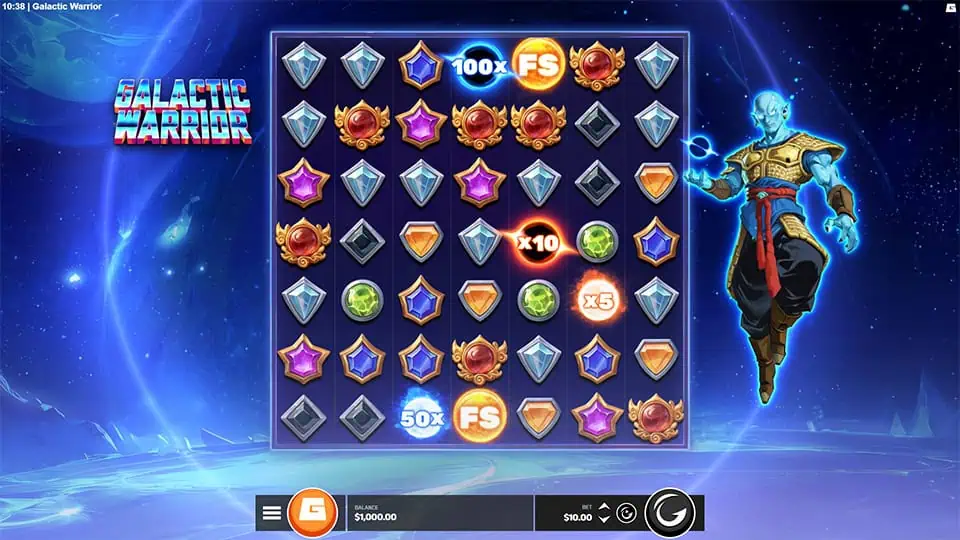 Base game screen of Galactic Warrior with cluster reels, gem symbols, and a floating warrior character.