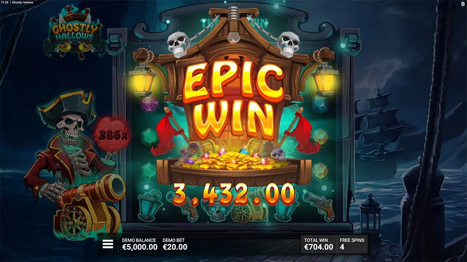 "EPIC WIN" text displayed above a treasure chest overflowing with coins, with glowing multipliers and the pirate captain cheering on the left.