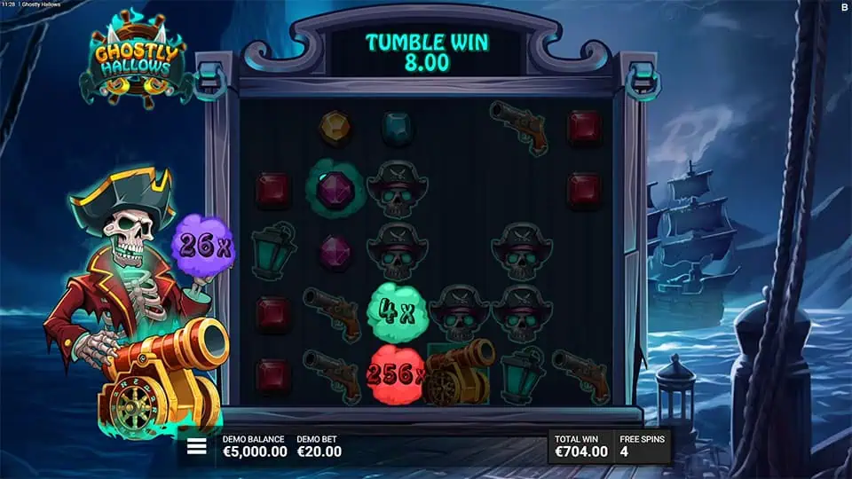 Bonus gameplay with the cannon symbol activating and applying collected multipliers like 26x and 256x during a tumble win.