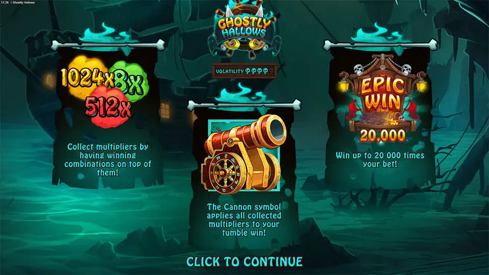 Feature overview showing stacked multipliers up to 1024x, a golden cannon mechanic, and max win potential of 20,000x.