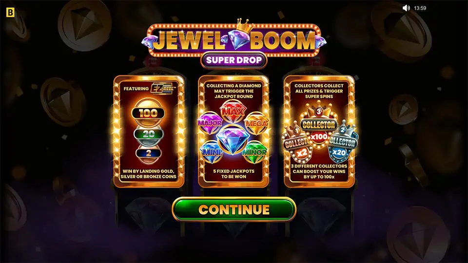 Jewel Boom Super Drop slot intro screen 1
