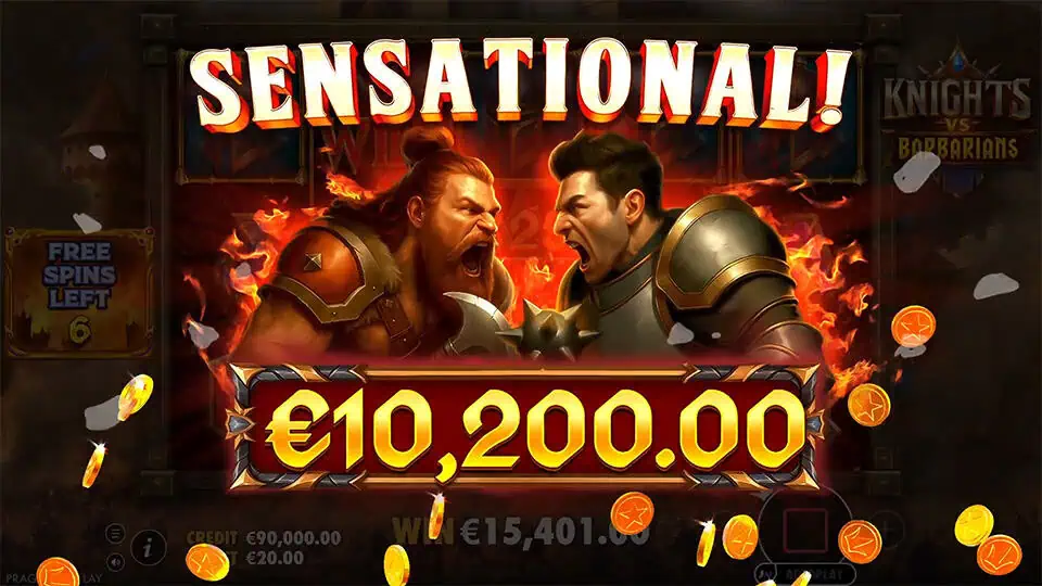 Sensational win screen showing knights and barbarians yelling mid-battle, with fiery background and golden coins flying.