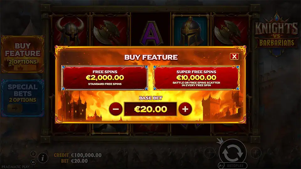 Bonus buy menu in Knights vs Barbarians slot with two options: standard Free Spins and Super Free Spins with guaranteed scatters.