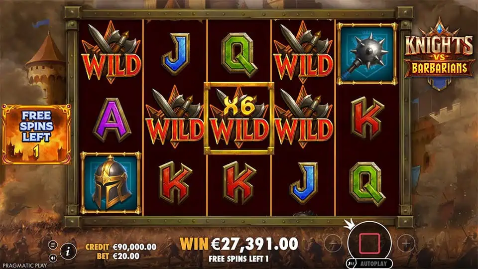 Knights vs Barbarians slot with Wild symbols and a 6x multiplier during free spins, highlighting intense battlefield action.