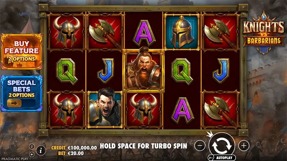 Base game screen of Knights vs Barbarians slot with armored character symbols, weapons, and a castle siege backdrop.