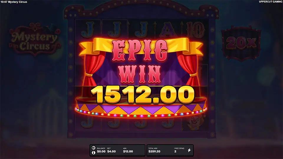 EPIC WIN screen in Mystery Circus slot with bold red and yellow stage lettering and a spotlighted payout display.