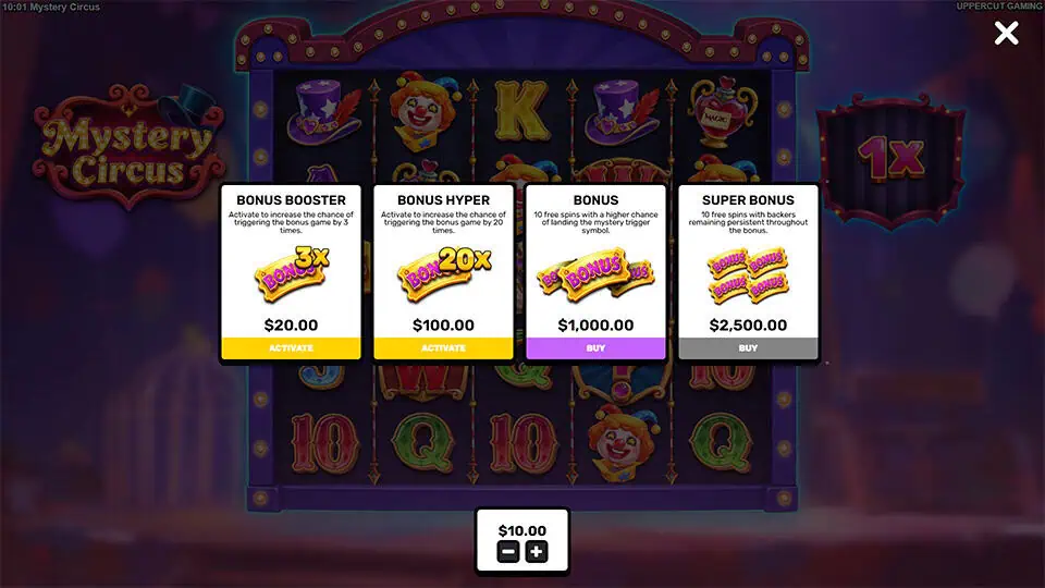 Bonus buy menu in Mystery Circus slot offering four choices including Bonus Booster, Bonus Hyper, Bonus, and Super Bonus.