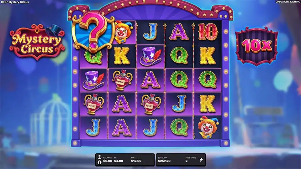 Mystery symbol feature in Mystery Circus slot showing a large golden question mark symbol triggering symbol transformation.
