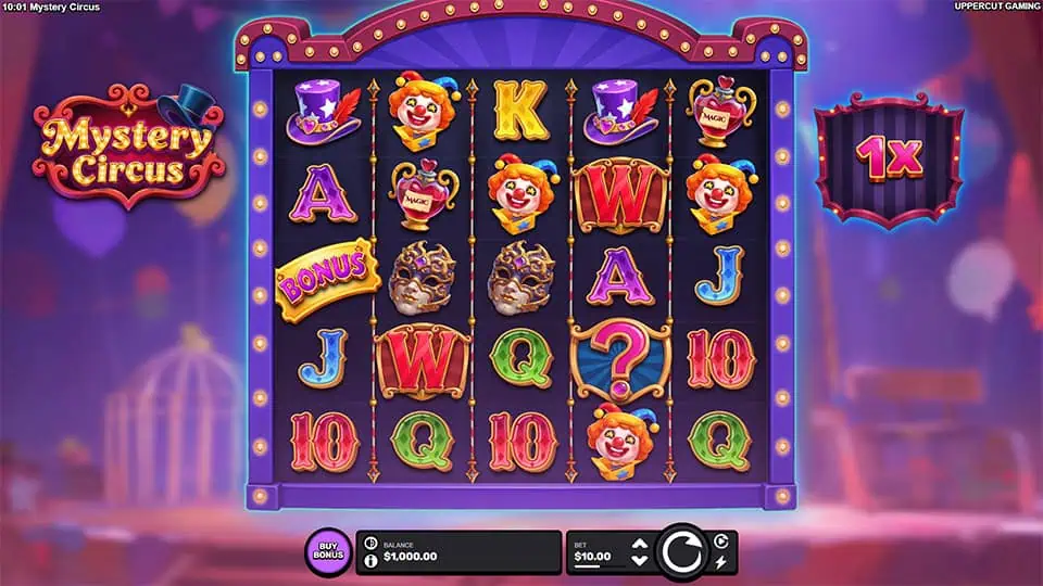 Base gameplay screen of Mystery Circus slot with colorful clown and magic-themed symbols set inside a whimsical circus tent.