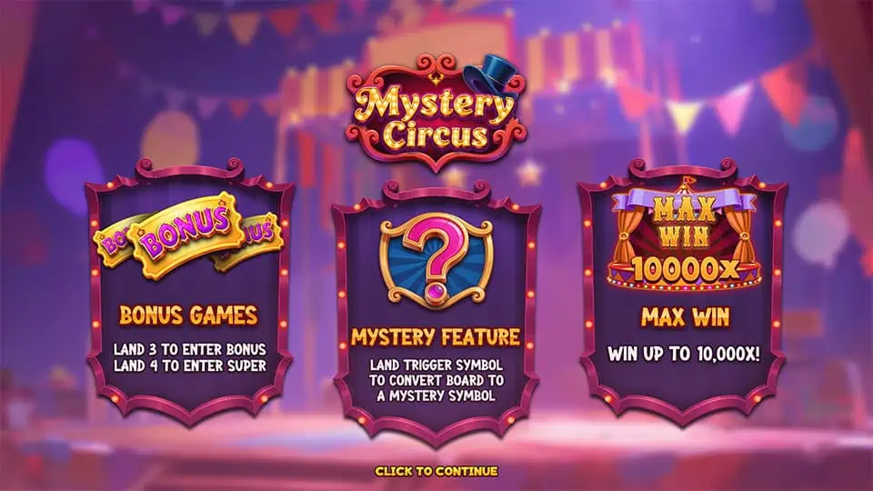 Intro screen of Mystery Circus slot highlighting Bonus Games, the Mystery Feature, and a max win of 10,000x.