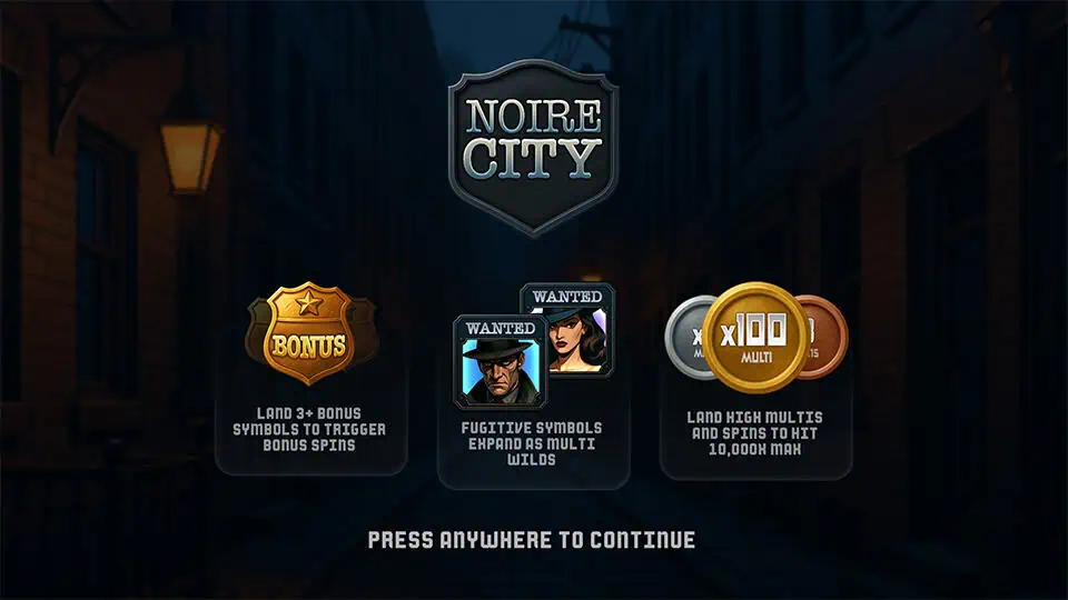 Noire City slot intro screen