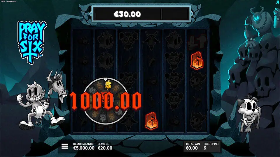 Wailing Wheels feature overview in Pray for Six slot showing the wheel mechanic triggered by landing 6 symbols, offering multipliers or max win.