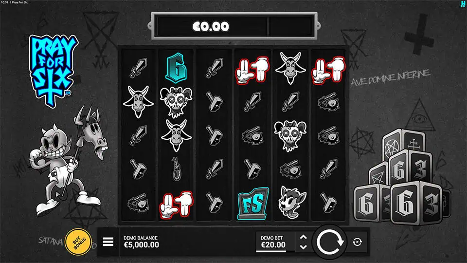Base game screen of Pray for Six slot with cartoonish dark symbols, hand gestures, and 6-stacked icons on a black-and-white reel layout.