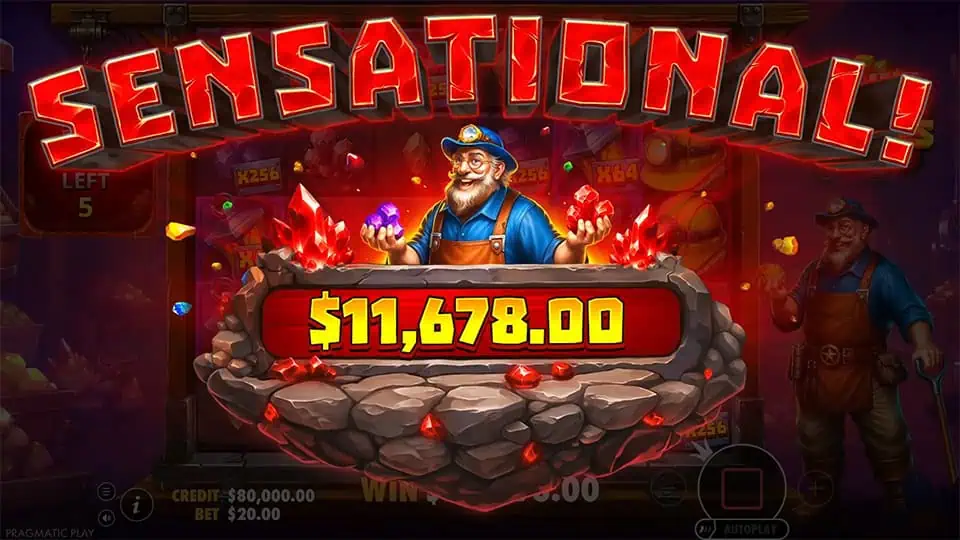 “SENSATIONAL!” lights up in bold red above the miner holding glowing gems, with explosions of crystals and coins in the background.