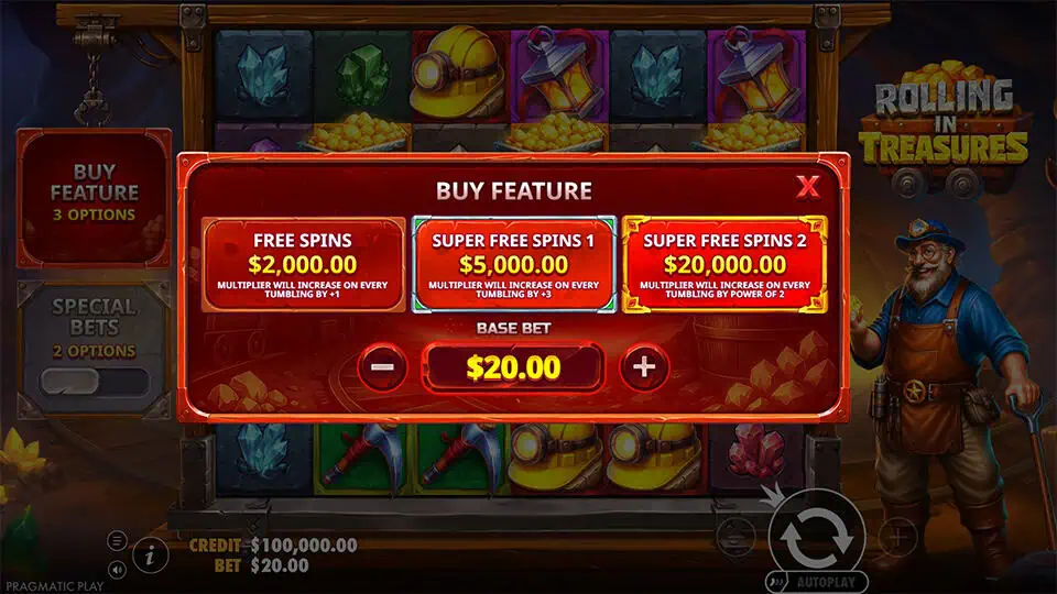 Feature buy panel with three free spin modes, each offering different multiplier mechanics that scale with every tumble.