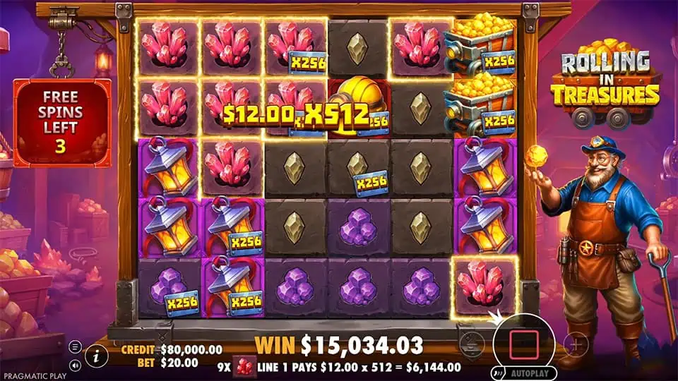 Free spins gameplay showing bright x256 multipliers over red crystals and carts, with a central tumble hit triggering a huge combo chain.
