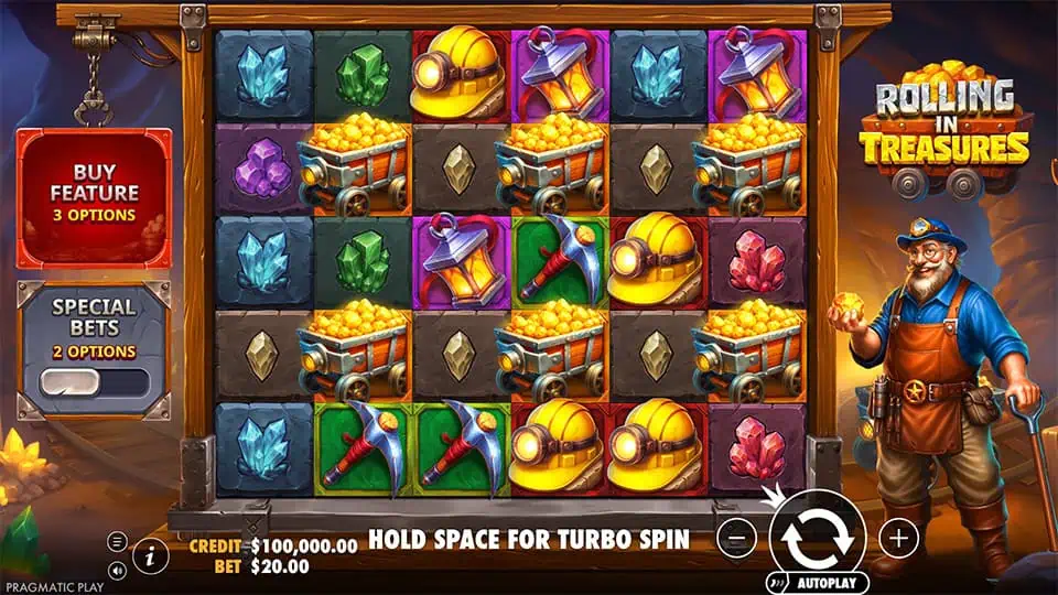 6x5 grid packed with mining symbols like gold carts, helmets, pickaxes, crystals, and lanterns, framed by wooden beams and cave walls.