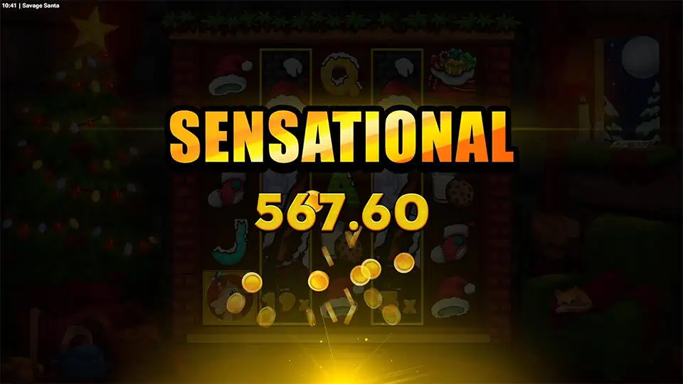 Sensational Win display in Savage Santa slot with golden text, coin burst animation, and festive reel symbols in the background.