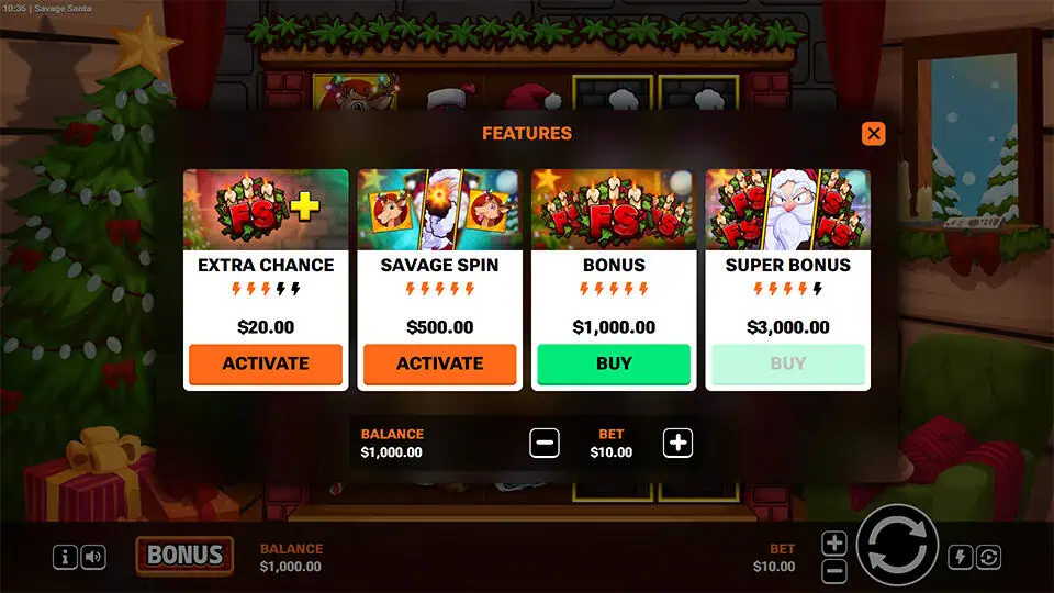 Feature buy menu in Savage Santa slot with Extra Chance, Savage Spin, Bonus, and Super Bonus options at different volatility levels.