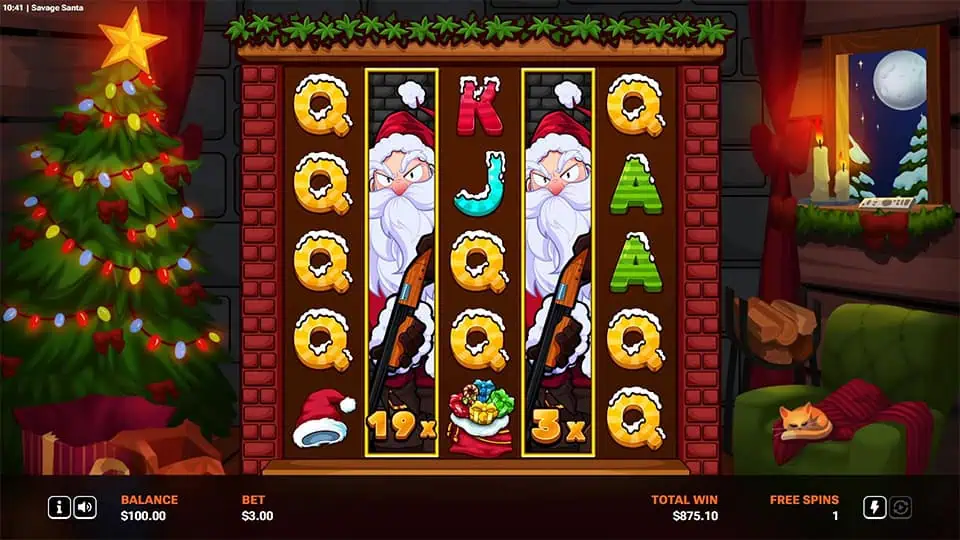 Savage Santa bonus spin with stacked wild Santas on reel 3 and 5, displaying active 19x and 3x multipliers above Christmas-themed symbols.