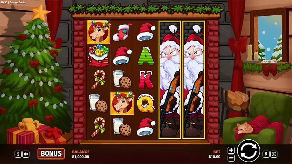 Base game screen of Savage Santa slot with holiday symbols like cookies, hats, reindeer, and stacked Santa wilds on the last two reels.