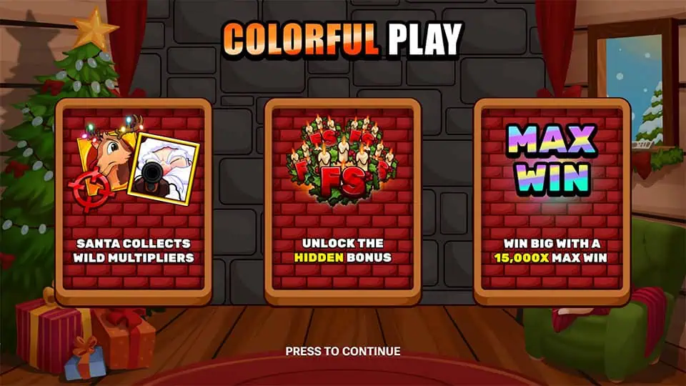 Intro screen of Savage Santa slot showing Santa collecting wild multipliers, a hidden bonus, and a max win of 15,000x.