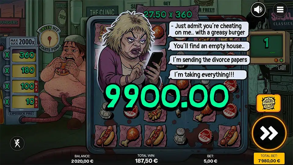 Big Win screen in Suck slot featuring a furious character texting dramatic messages and a giant green win value.