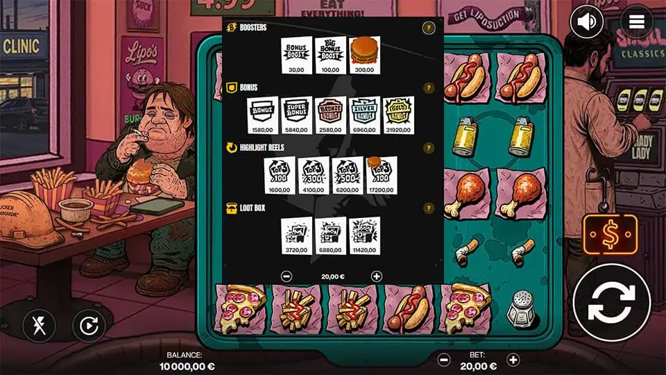 In-game store menu in Suck slot offering Boosters, various Bonus tiers, Highlight Reels, and Loot Box options.