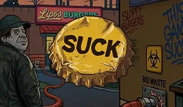 Suck slot logo displayed on a yellow bottle cap in a gritty alley-themed background.