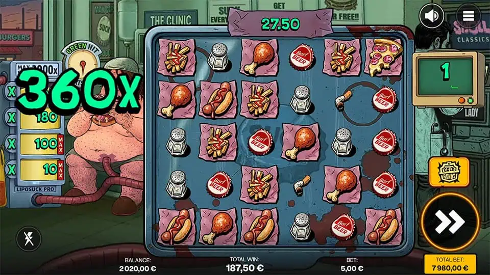 Suck slot showing the multiplier ladder with values up to 2000x and a 360x Green Hit triggered on the left.