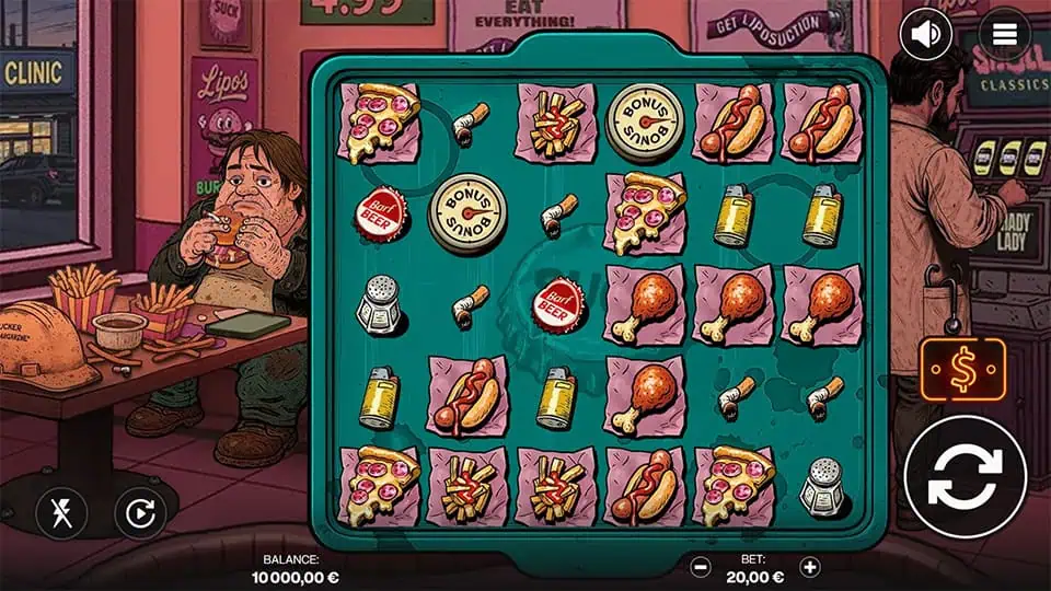 Base gameplay of Suck slot with greasy food symbols, soda cans, and bonus symbols on a filthy tray setup.