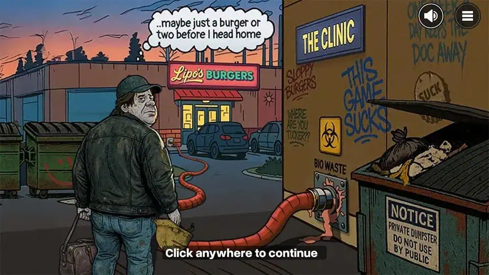 Intro panel for Suck slot showing a run-down clinic, Lipos Burgers joint, and a character debating another burger.