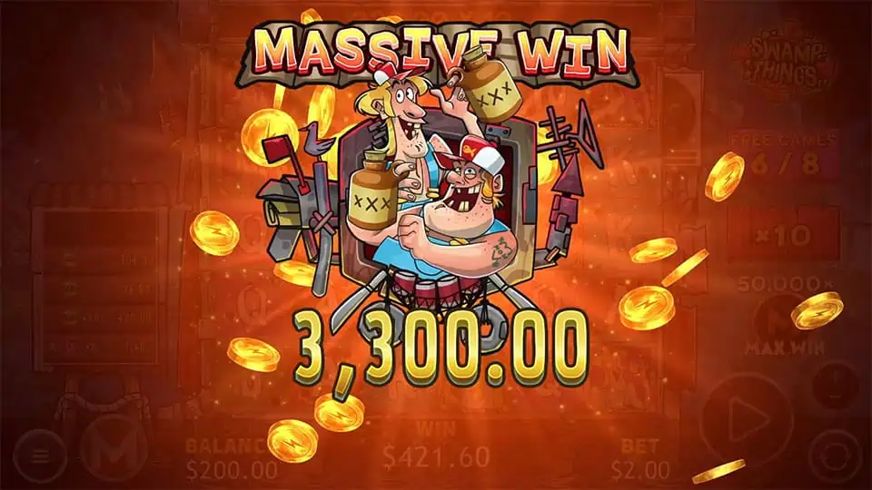 Massive Win screen in Swamp Things slot with two characters celebrating and gold coins flying across a fiery red background.