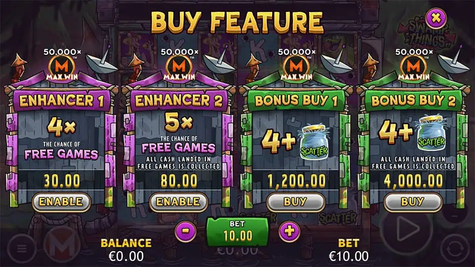 Feature buy screen in Swamp Things slot with Enhancer and Bonus Buy options, offering increased free spins chances and instant feature entry.