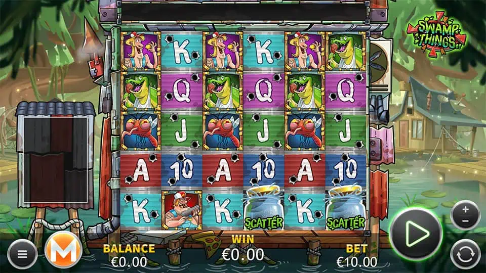 Main game screen of Swamp Things slot with hillbilly, croc, and crawfish symbols spinning on colorful planks in a swamp shack setting.