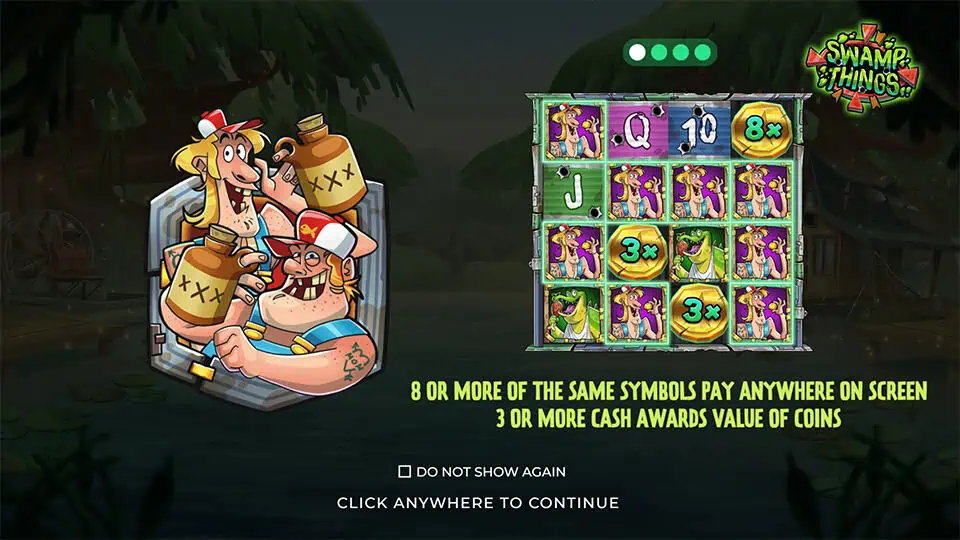 Swamp Things intro panel showing cluster pays mechanic and cash coin prizes with 8 or more matching symbols anywhere on screen.