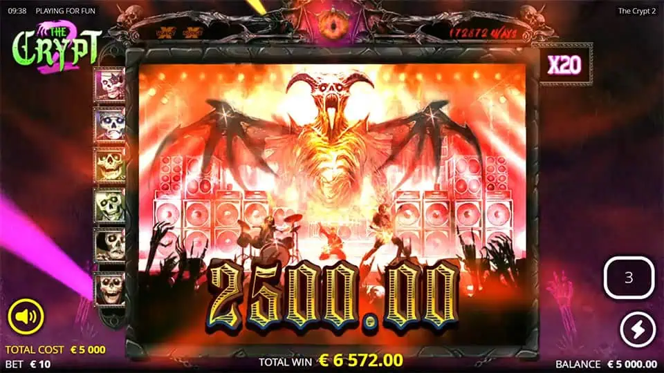 Fiery demon emerging above a rock concert stage as bold win numbers flash across the screen with intense red lighting.