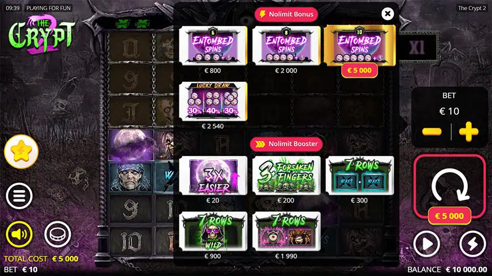 Menu displaying Entombed Spins, Lucky Draw, Nolimit Boosters and multiple row upgrade options with activation buttons.