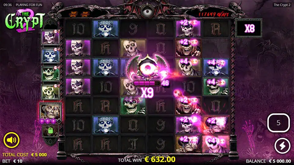 Reels showing the central Eye Collector symbol charging multipliers like x9 while marked symbols add +2 and +4 boosts.